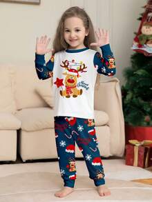 Children's Christmas Pajama 2 Pieces Set, Navy Blue Contrast Long Sleeve, Cartoon Reindeer & Snowflake Print Pajama Top And Pants, Holiday Loungewear Set, Christmas Gift - Multicolor - View 3