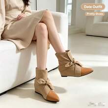 1 Pair Color Block Patchwork Sports Business Bow Ankle Boots For Women, Holiday Autumn/Winter - Khaki - View 4