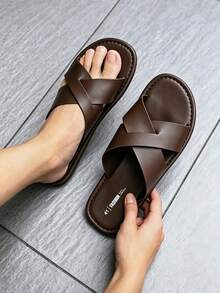 Men's Hollow Out Casual Slippers, Open Toe Slip-On Flat Roman Sandals, Comfortable Non-Slip Summer Indoor/Outdoor Beach Walking Shoes - Brown - View 2