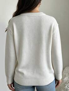 ASHKATIA Women's Plus Size Knit Sweater, Soft Ribbed Knit Pullover, Autumn/Winter Long Sleeve Round Neck Regular Fit Top - White - View 2