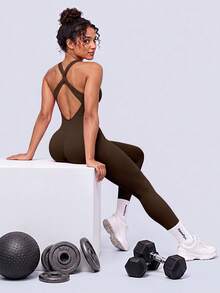 NcmRyu Women's 1pc Elastic Twisted Hollow Back Ribbed Yoga Sports Jumpsuit - Mocha Brown - View 5