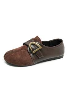 Vintage Patchwork Buckle Split Toe Adjustable Elastic Flat Slip-On Shoes Suitable For Daily Wear - Coffee Brown - View 4