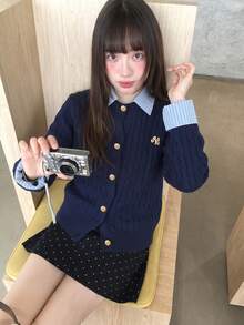 Women's Autumn/Winter Preppy Style 2 In 1 Patchwork Knit Cardigan Sweater With Polo Collar - Navy Blue - View 3