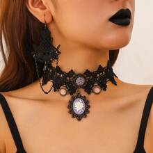 Vintage Gothic Black Lace Choker With Purple Embossed Rose Pendant & Earrings Set For Women, Halloween - Multicolor - View 6