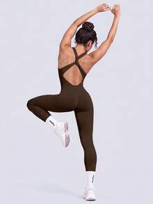NcmRyu Women's 1pc Elastic Twisted Hollow Back Ribbed Yoga Sports Jumpsuit - Mocha Brown - View 3
