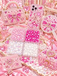 Pink Series 4-Grid Resin Flat Back Rhinestone Set, Deep & Light Pink Iridescent Rhinestones Paired With White Iridescent Rhinestones And Half-Round Pearls, Assorted Sizes. Faceted High-Shine Transparent, Easy To Apply, Suitable For Idol Fans, K-Pop Cards, Phone Cases, Creating Sweet Girl Style Fan Decoration Crafts. (Finished Product Not Included) - 4-compartment Pink Series - View 5
