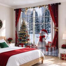 2Pcs Christmas Snowman Tree Curtains, Rod Pocket Design, 2D Flat Print Winter Snow Scene Christmas Tree Gift Box Pattern, Light Filtering Drapes, Xmas Holiday Window Decor For Living Room Bedroom - Multicolor - View 2
