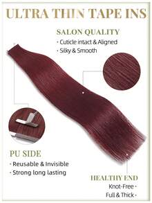 DNE HAIR 20pcs Tape-In Hair Extensions 100% Human Hair 99J Burgundy 12-22 Inch Silky Straight Seamless Invisible High Quality Thick Ends Healthy Remy Hair Suitable For Fine Hair, Salon Use And All Women/Girls Daily Wear - S99J - View 2