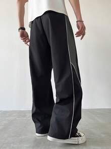 Halloween Gift, Christmas Gift, Black & Gray Colorblock Techwear Cargo Pants For Men, Elastic Drawstring Waistband Adjustable, White Hem Line Design, Small Logo Print, Loose Straight Wide Leg Pants, Versatile For Daily Wear And Sports, Unisex - Black - View 3
