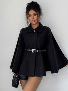 Women's Solid Color Elegant Casual Daily Work/Office Commute Belted Lapel Shawl Sleeve Design Wool Coat Autumn/Winter - Black - View 1
