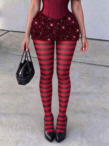 1 Pair Black & Red Horizontal Striped Tights, Elastic Full Foot Pantyhose, Punk Style Party Outfit - Multicolor - View 3