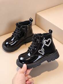 2026 Autumn/Winter New Girls Fashion Shiny Ankle Boots With Sparkling Rhinestone Heart Side Zipper Walking Boots - Black - View 2