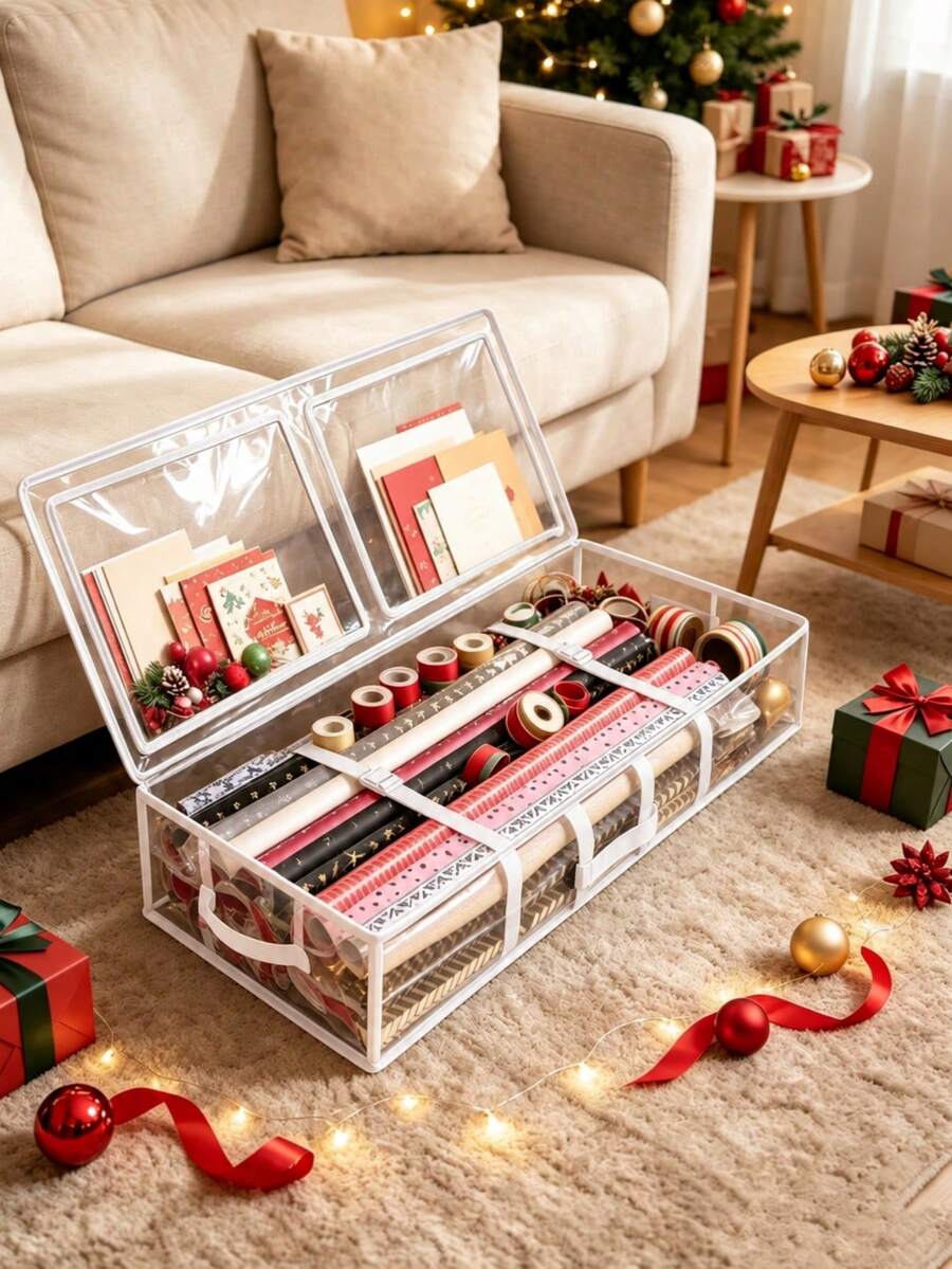 1 pieza Bolsa de almacenamiento de papel de regalo transparente blanca con asa y cremallera, bolsa de almacenamiento de regalos plegable e impermeable, bolsa de almacenamiento debajo de la cama, contenedor de almacenamiento estilo caja de PVC transparente, bolsa de almacenamiento de papel de regalo para Acción de Gracias, Navidad y días festivos - Blanco - Ver 1