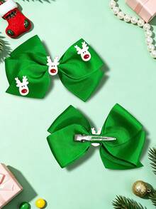 2Pcs Girls Christmas Green Grosgrain Ribbon Bow Hair Clips, Cartoon Reindeer, Christmas Decor Bow Hair Clips, Kids Xmas Party Hair Accessories - Green - View 6