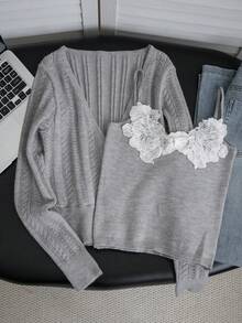 Korean Style Premium Grey Knit Cardigan + Lace Patchwork Camisole Top Set, Women's Autumn/Winter Hot Girl Style Short Fitted Camisole 2 Pieces Set - Grey - View 9