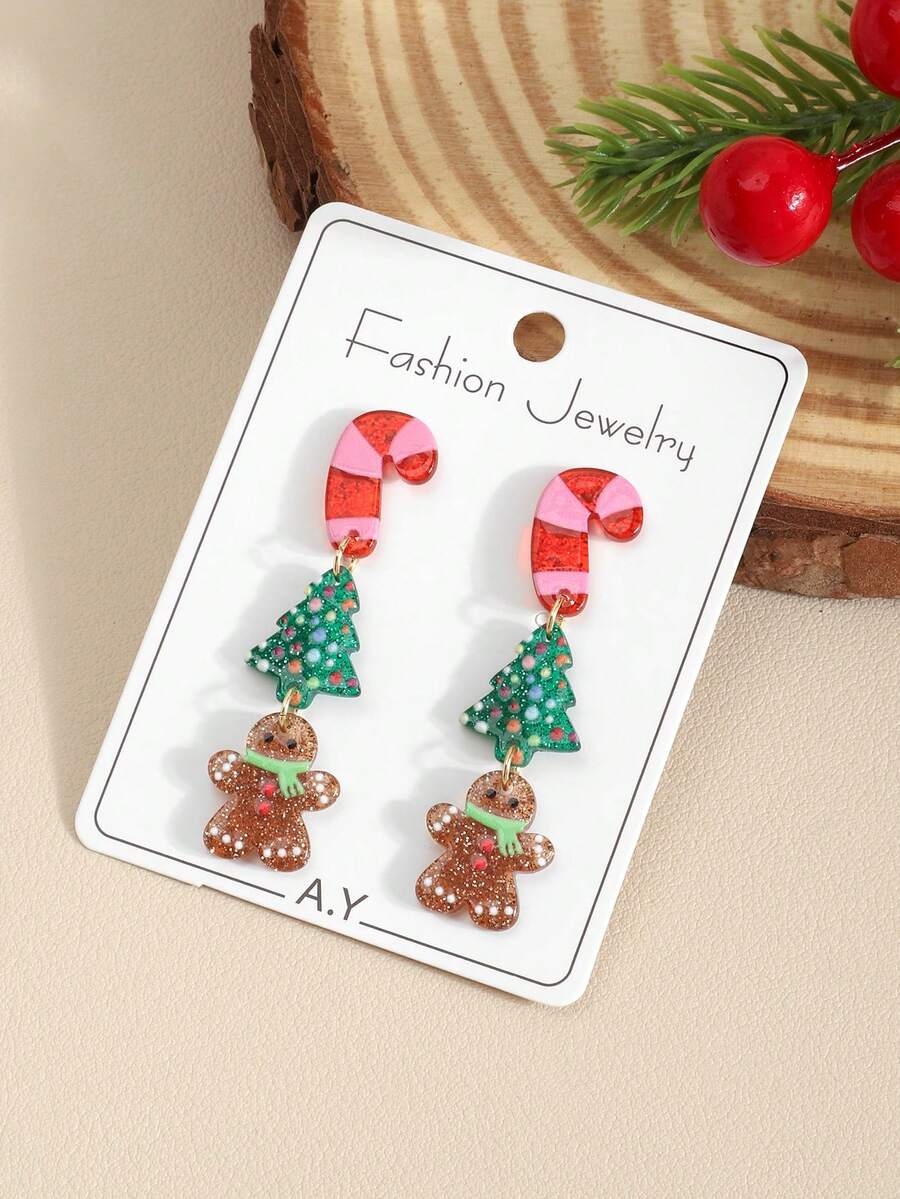 Sweet Candy Cane, Christmas Tree, Gingerbread Man Long Acrylic Earrings, Christmas Earrings, Christmas Earrings Gift Choice - Multicolor - View 1