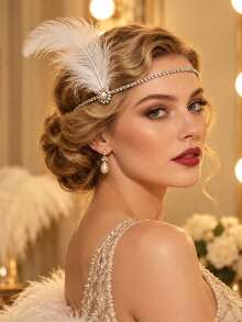 STONEFANS 1pc 1920s New Floral Feather Hair Chain Rhinestone Headpiece Versatile Women's Hair Accessories - Multicolor - View 1