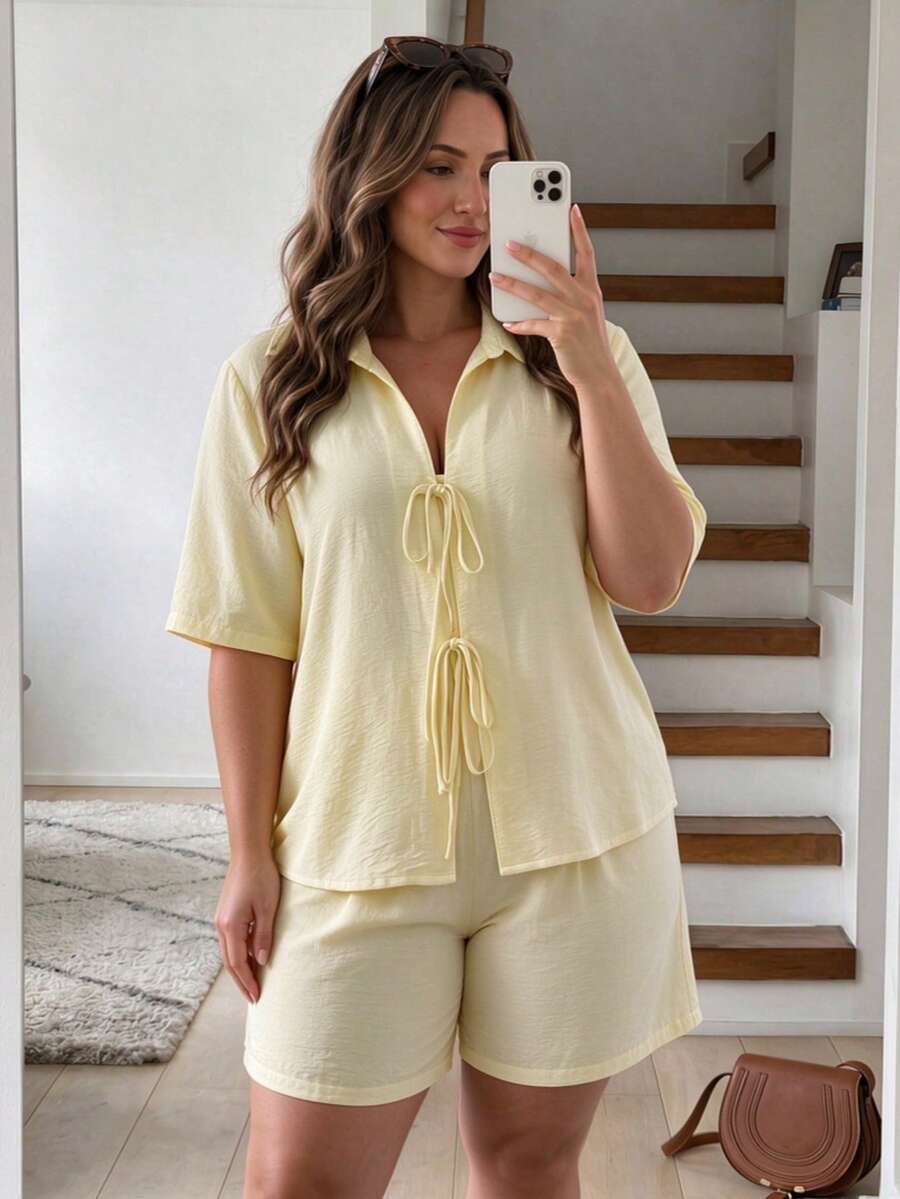 Plus Size Women's Spring/Summer Cream Yellow Short Sleeve Spaghetti Strap Open Front Shirt & Shorts 2pcs Set, Front Tie Design, Pants Pockets, Suitable For Daily Commute, Weekend Outings, Travel And Vacation, Women's Vacation Clothing - Yellow - View 1