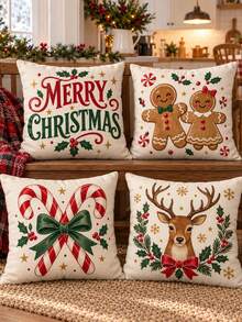 4 Buah Sarung Bantal Natal Vintage Motif Kue Jahe Permen, Dekorasi Liburan Amerika dengan Teks Rusa Kutub dan Permen Tongkat, Cetakan Satu Sisi, Isian Bantal Tidak Termasuk - MultiWarna - View 11