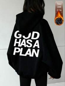 Women's Thermal Lined Hoodie With GOD HAS A PLAN Print, Y2K Style, Autumn/Winter - Black - View 8
