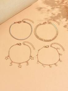 4pcs/Set Fashionable Luxury Square Rhinestone Chain Decorated Star Tassel Bracelet, Elegant Women's Hand Jewelry Suitable For Daily Wear And Date/Party Occasions - Gold - View 2