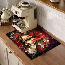 1pc, Christmas Series Gold Christmas Bell Pattern Printed Coffee Bar Mat, Drainage Mat, Coffee Machine Soft Bottom Diatomaceous Earth Drainage Mat, Soft Rubber Drainage Mat, Super Absorbent Wear-Resistant Dish Drying Mat, For Countertop Restaurant Kitchen Table Mat, Patio Dining Table Decor, Home Kitchen Supplies, Countertop Decoration Mat - Multicolor - View 5