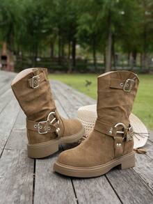 2026 New Round Toe Thick Sole Women's Ankle Boots, Height-Increasing Versatile Ankle Boots, Autumn/Winter New Fashion Buckle Ankle Boots, Size Runs Small, Recommend Choosing One Size Up - Khaki - View 12
