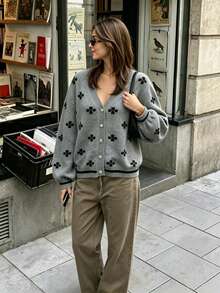 Women's Autumn/Winter Minimalist Clover Design Contrast Color Metal Button Cardigan, Fashionable Elegant Loose Casual Versatile Knit Sweater Long Sleeve Jacket Top - Grey - View 8