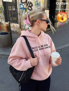 Women's Fall/Winter Hoodie With Pockets, "SOCIAL MEDIA KILLED ROMANCE" Graphic, Y2K Style - Sand Red - View 9