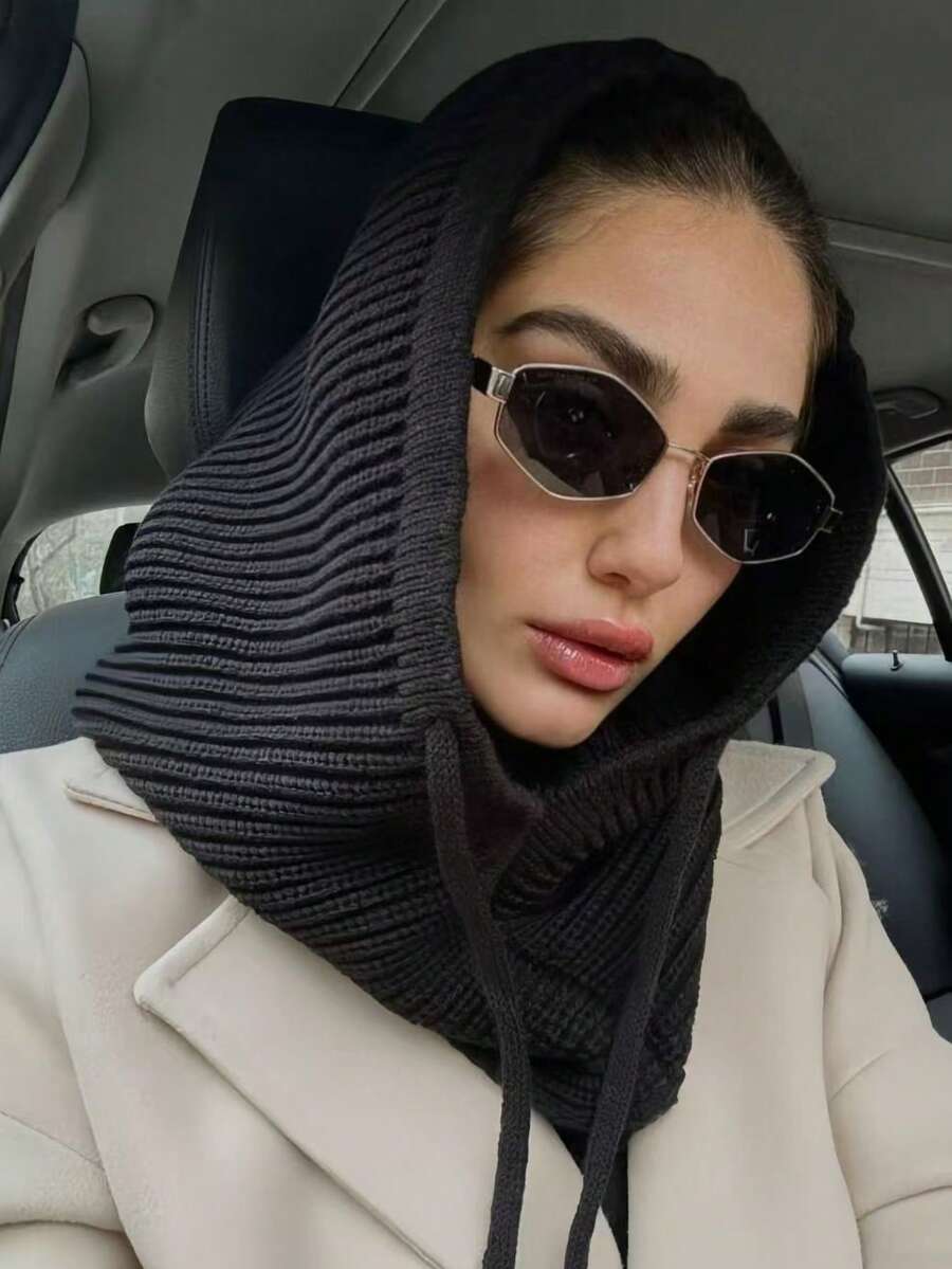 Solid Color One-Piece Women's Head Cover Hat With Drawstring And Detachable Collar, Wool Blend Warm Neck Ski Mask, Outdoor Warm Face Mask Scarf Hat, Suitable For Winter Protection, Muslim Hijab Dress - Solid Color - View 1