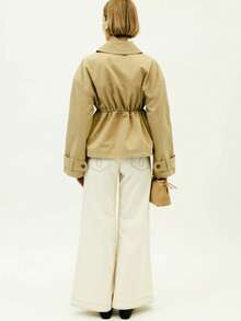 Khaki Lapel Front Zipper Waist Drawstring Hem Flap Pocket Long Sleeve Jacket - Apricot - View 6