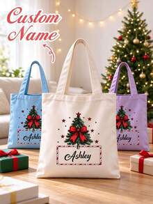 Personalized Christmas Tree Tote Bag, Large Capacity Shoulder Bag, Customizable Foldable Personalized Tote Bag, Printed With Name And Logo Text, Multiple Colors Available, Solid Color Large Capacity Shoulder Bag, Suitable For Work Occasions - Multicolor - View 1