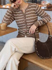 minisummer Women Elegant Fall Striped Knit Cardigan, Button Front Long Sleeve Basic Slim Fit Knit Top, Casual Fall Outfits For Daily Wear - Coffee Brown - View 9