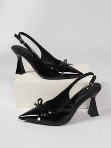 New Women's Spring/Autumn Solid Color Sexy Pointed Toe Chunky Heel Sandals, Back Strap High Heel Design, Suitable For Commuting, Nightclub Parties, Versatile Fashion Match With Dresses - Black - View 2