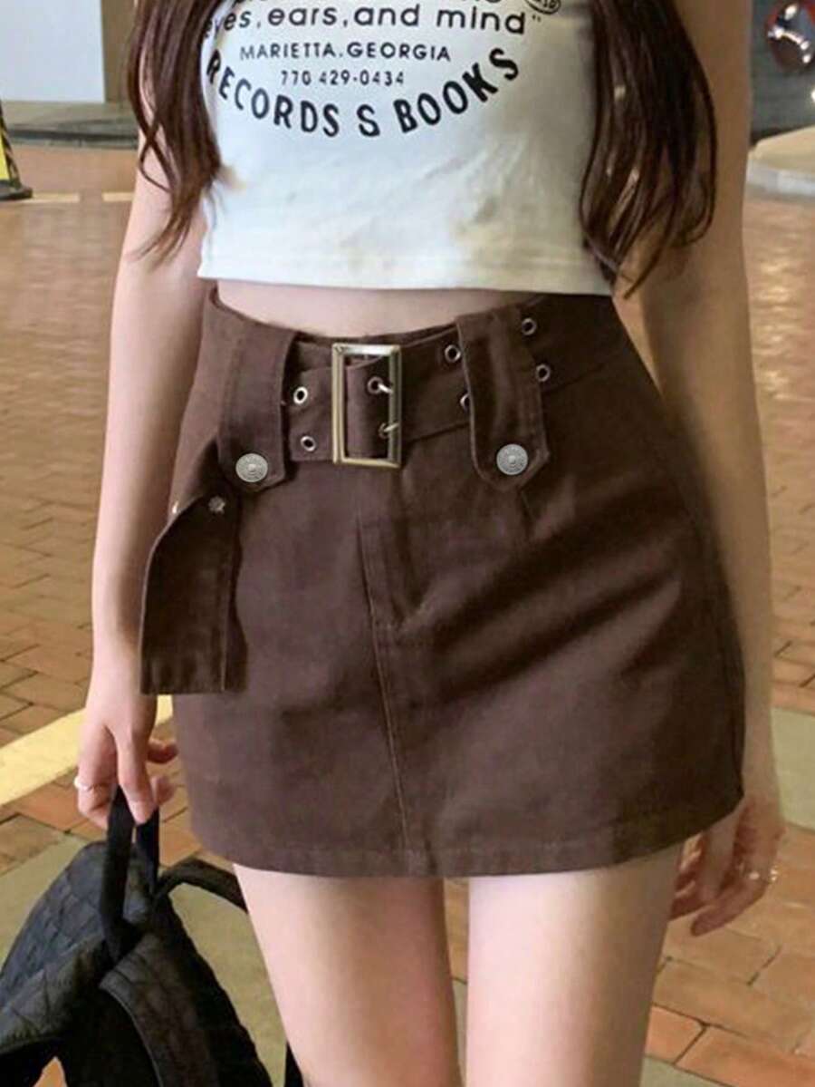 Rok celana denim kasual wanita, sederhana & modis, cocok untuk dipakai sehari-hari di musim panas. - Coffee Brown - View 1