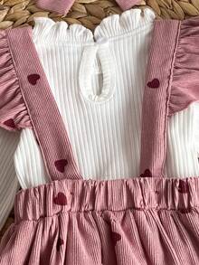 2pcs Baby Girl Cute Small Stand Collar Long Sleeve Ribbed Top & Heart Print Corduroy Dress Set, Thin Spring/Autumn - White - View 5