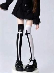 Long Cross Print Knee-High Socks Black And White, Gothic Style Fashionable And Cute, Suitable For Daily Dates, Spring/Autumn Commute And Halloween - Multicolor - View 2