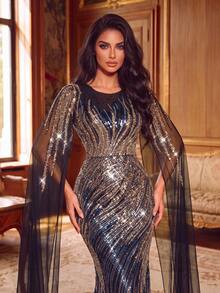 Elegant Beaded Sequin Mermaid Evening Gown With Feather Embroidery And Tulle Sleeves, Suitable For Ramadan Iftar, Valentine's Day Date And Red Carpet Events - Black - View 7