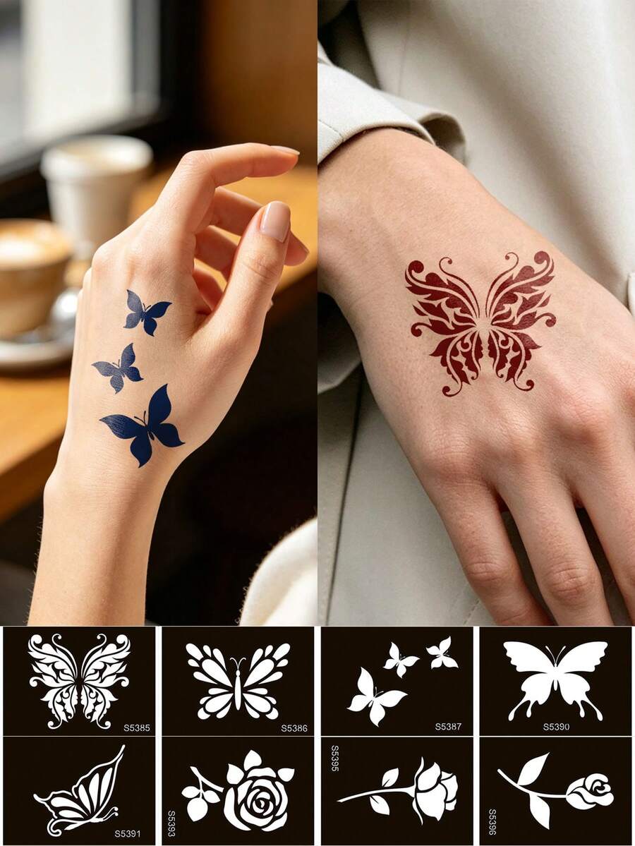 8件組花卉紋身貼紙模板，蝴蝶玫瑰鏤空貼紙，身體彩繪，可重複使用