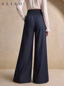 ALIAO Women's Elegant Military Style Denim-Like Wide Leg Pants, Button Front Design, All Season Formal Women's Wide Leg Pants - Navy Blue - View 6