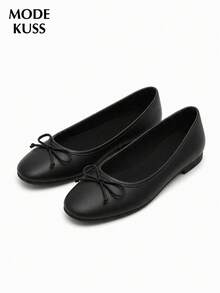 New Women's Popular Fashion Minimalist Black Mary Jane Shoes With Bow, Slip-On Round Toe, Suitable For Daily Commute, Dating, Vacation - Black - View 5