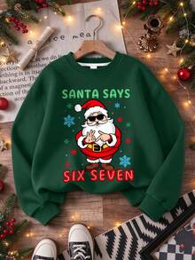 1pc Big Kids Boys Crew Neck Sweatshirt, Printed Fashion Glasses Santa Claus And English Graphic, Comfortable Autumn/Winter New Top - Dark Green - View 1