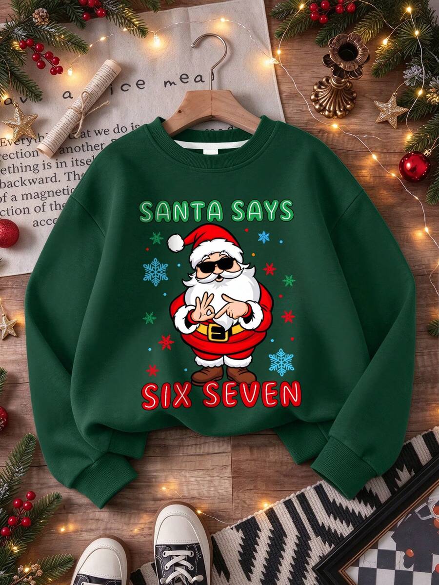 1pc Big Kids Boys Crew Neck Sweatshirt, Printed Fashion Glasses Santa Claus And English Graphic, Comfortable Autumn/Winter New Top - Dark Green - View 1
