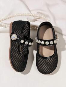 1 Pair Black Pearl Mesh Ballet Shoes, Round Toe, Hook And Loop Design, Pearl Decor, Fashionable And Cute, Suitable For Party, Shopping, Daily Wear - Black - View 1