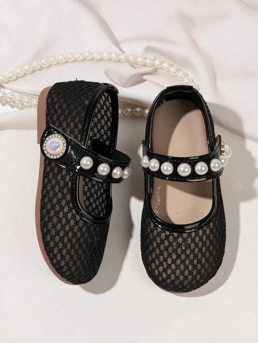 1 Pair Black Pearl Mesh Ballet Shoes, Round Toe, Hook And Loop Design, Pearl Decor, Fashionable And Cute, Suitable For Party, Shopping, Daily Wear - Black - View 1