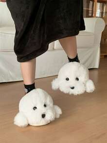 Cute Teddy Dog Warm House Slippers, Comfortable Soft Sole Animal Slippers - White - View 3