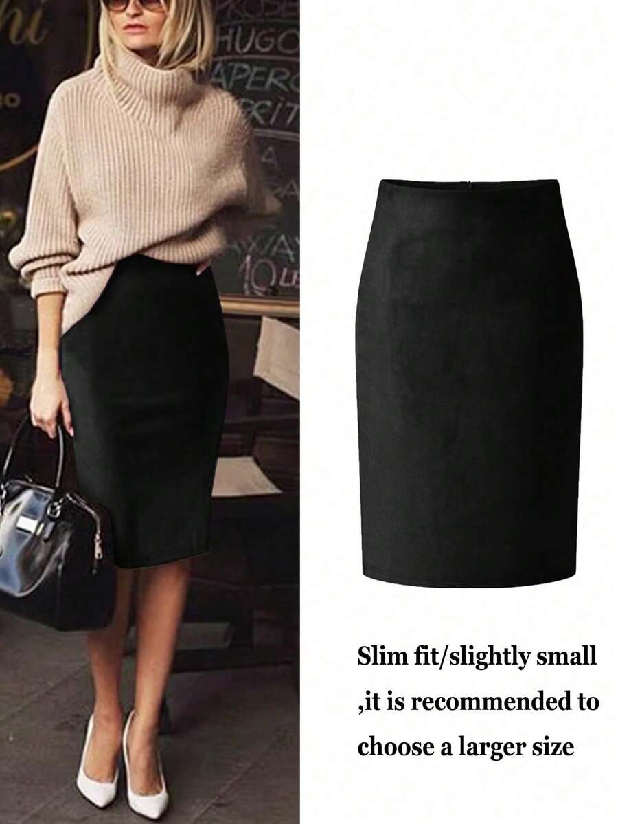 Women's Elegant Commute Velvet Zipper Versatile Skirt, Back Slit, Non-Stretch, Runs Small Black - Black - View 1