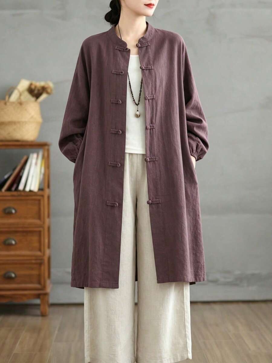 Women Vintage New Chinese Style Linen Long Tunic Coat, Stand Collar Frog Closure, Loose Fit Lantern Sleeve Solid Color Casual Open Front Jacket - Purple - View 1