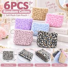 6 piezas aleatorias de monederos de peluche con estampado de leopardo y anillos para llaves, bolsas de cambio con cremallera de peluche suave, carteras mini portátiles, almacenamiento para monedas, tarjetas, auriculares - Multicolor - Ver 7