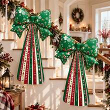 44 Inch Christmas Bow Aluminum Foil Balloon With Printed Tassel Ribbon, Red And Green Christmas Snowflake & Santa Claus Pattern Bow Balloon, Christmas Party Home Background Photo Prop - Multicolor - View 9